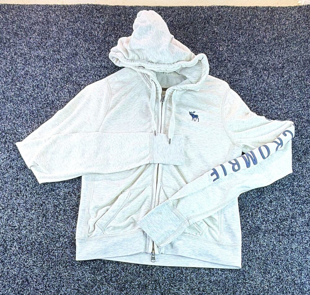 Abercrombie & Fitch Women's Light Gray Full Zip Fleece Logo Hoodie Size M